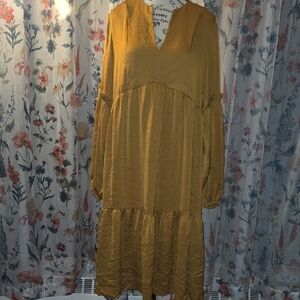 Molly Bracken Maternity Mustard Long Sleeve V-Neck Tiered Dress